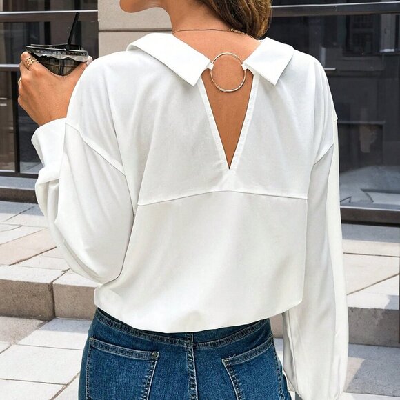 White Casual Women's Long Sleeve Shirt With Front Buttons - Picture 6 of 6